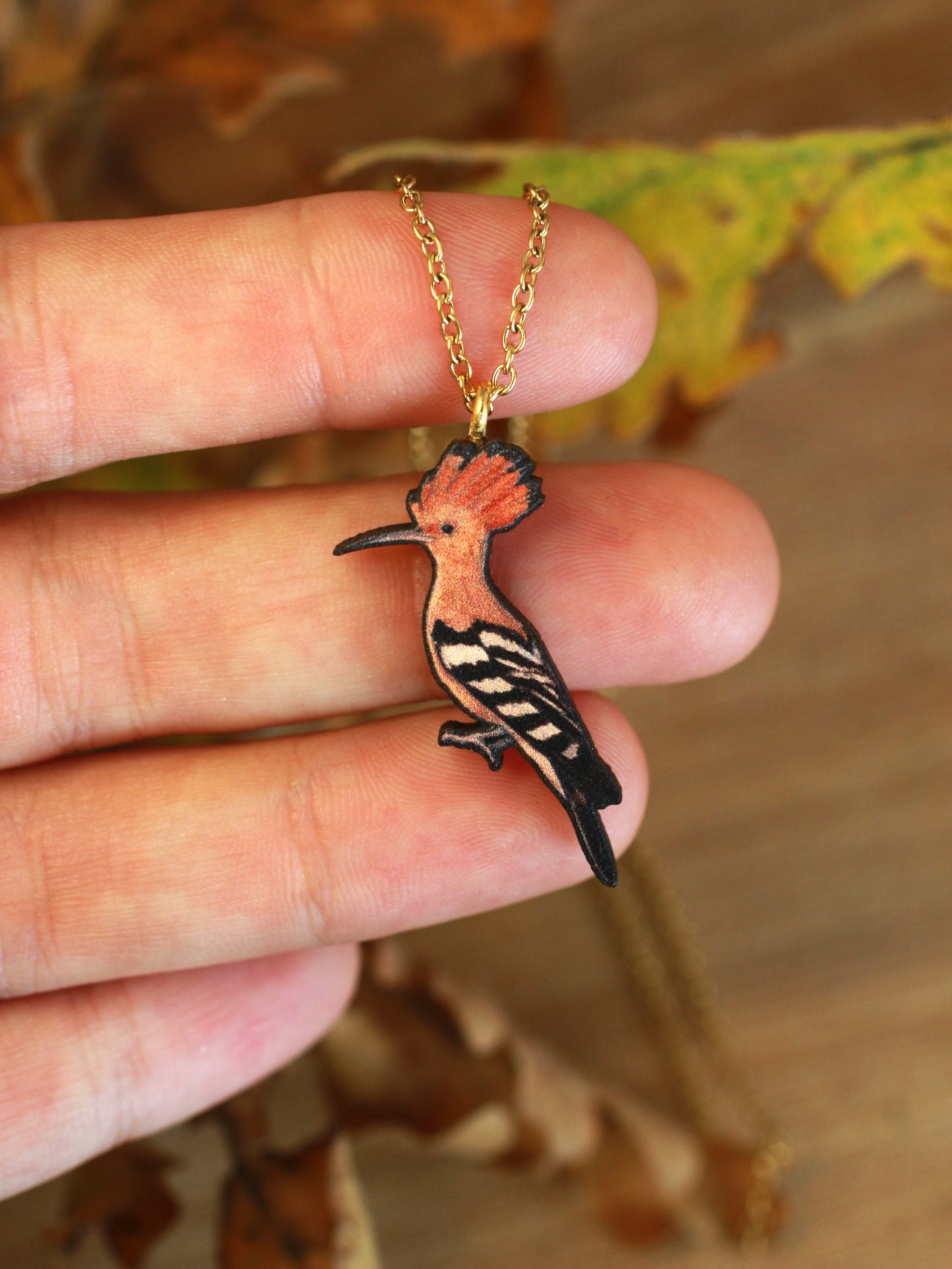 Hoopoe necklace - wooden bird pendant