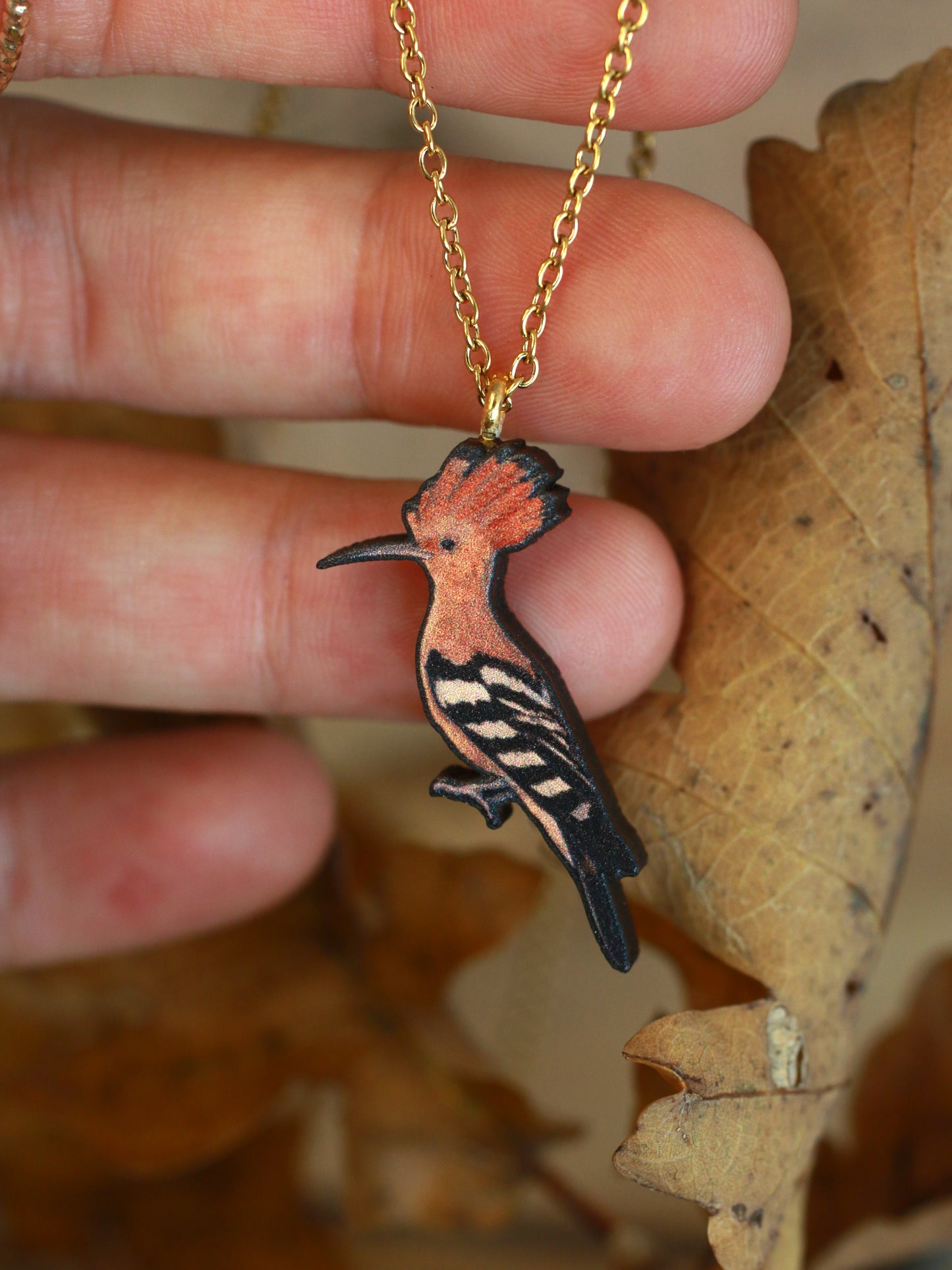 Hoopoe necklace - wooden bird pendant