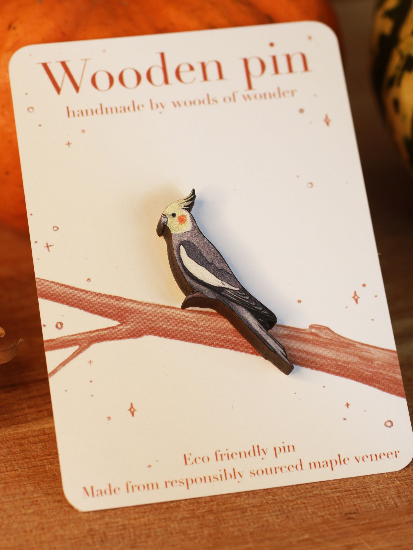 Cockatiel pin - wooden parrot brooch