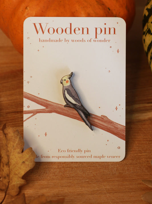 Cockatiel pin - wooden parrot brooch