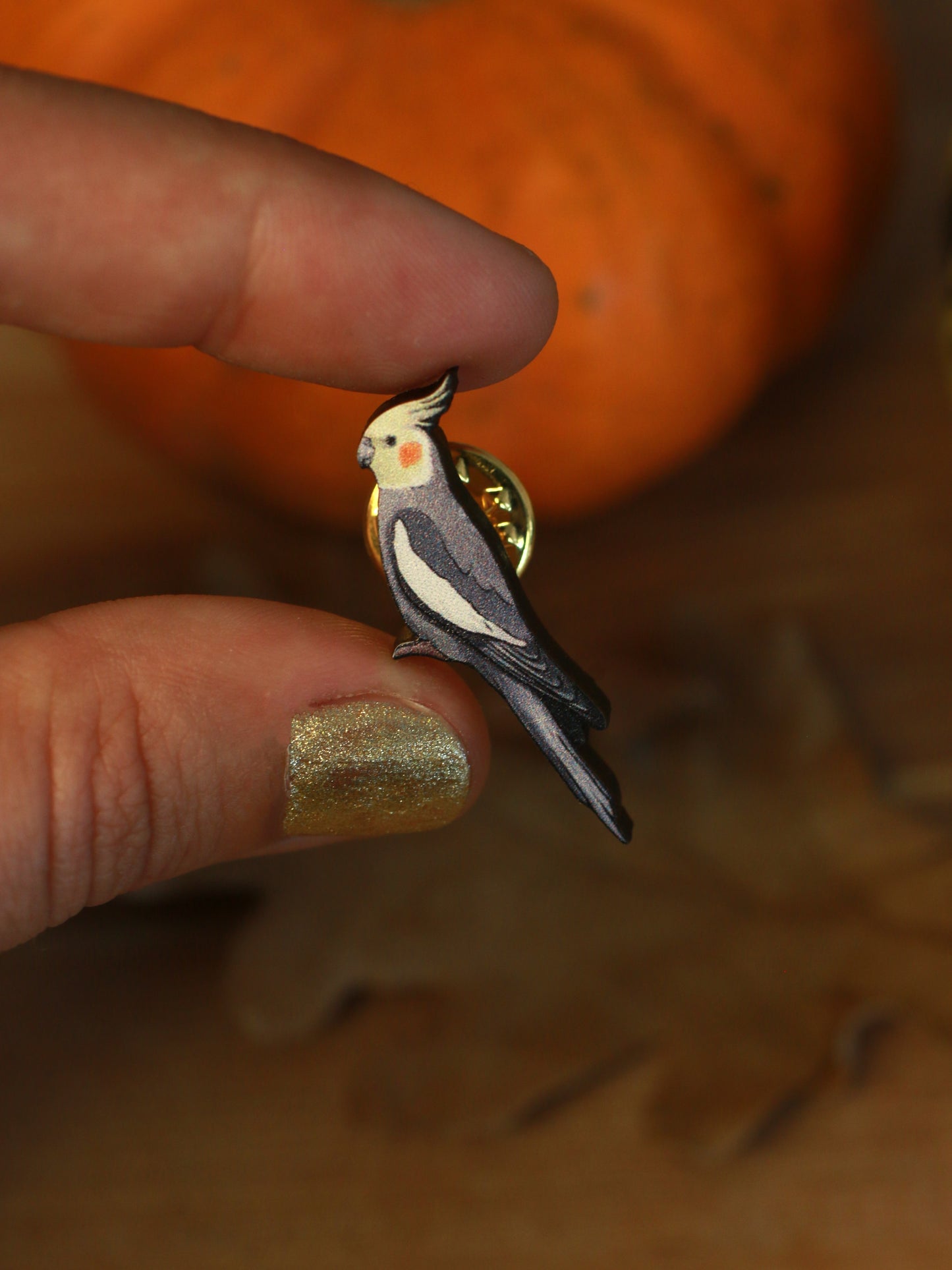 Cockatiel pin - wooden parrot brooch