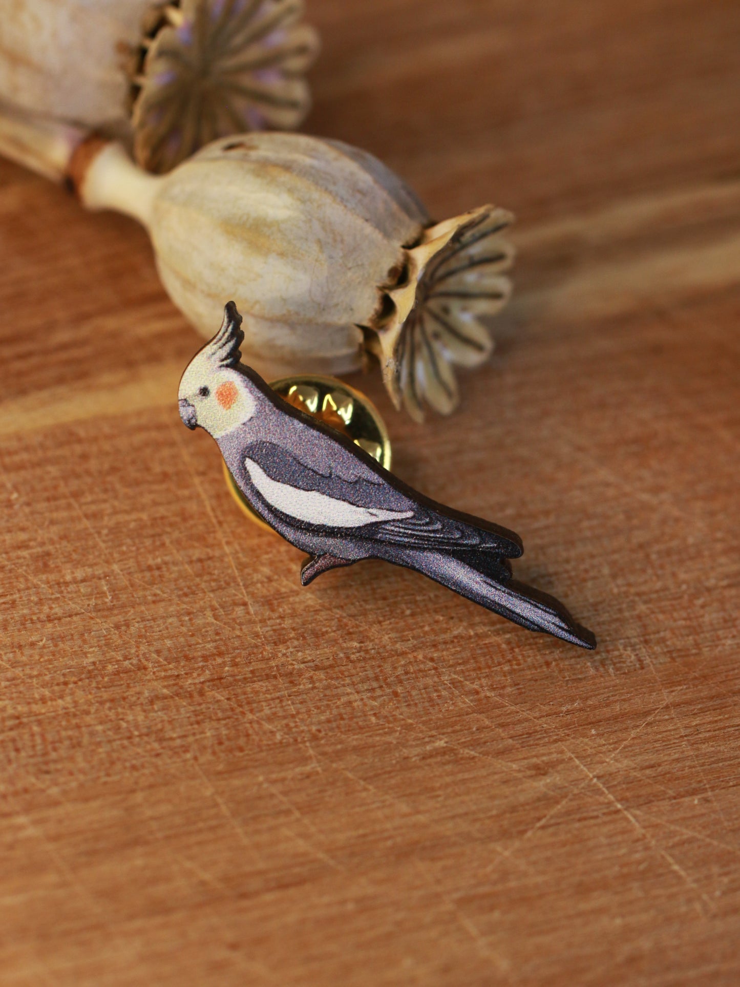 Cockatiel pin - wooden parrot brooch