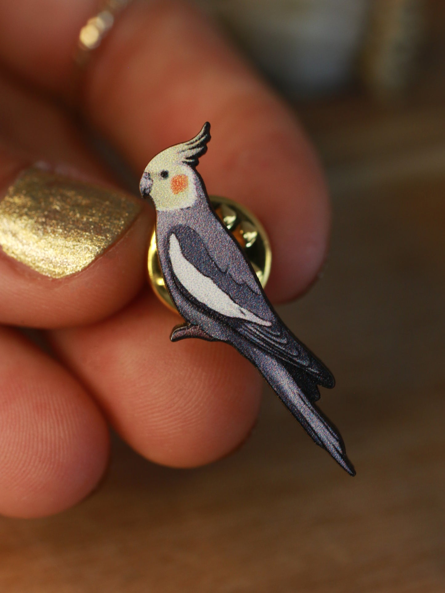 Cockatiel pin - wooden parrot brooch