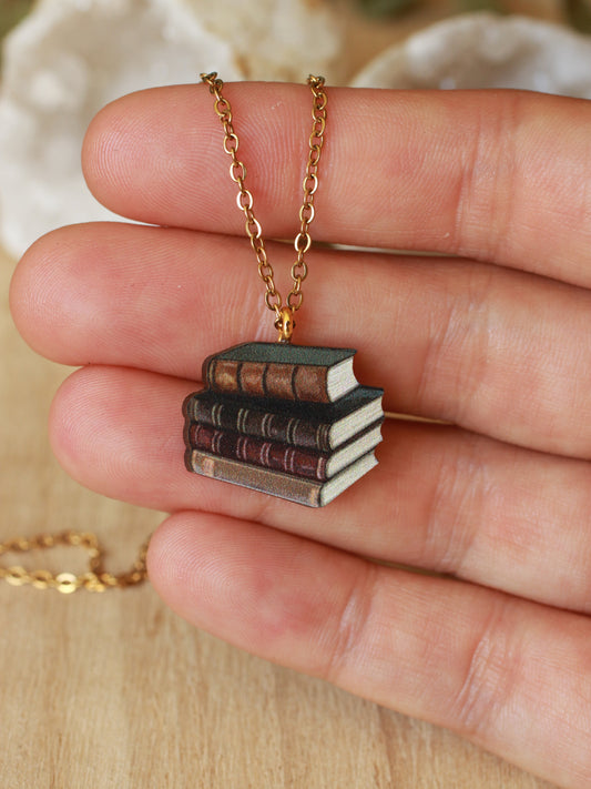 Book stack necklace - wooden book pendant