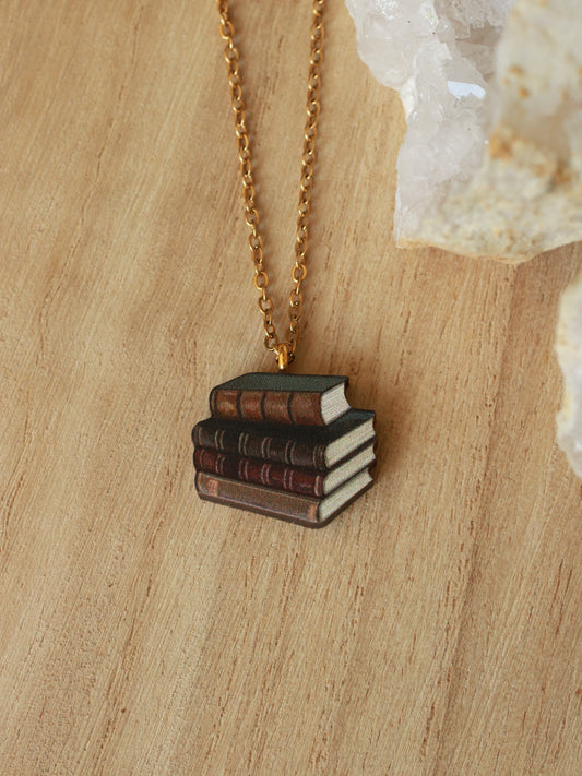Book stack necklace - wooden book pendant