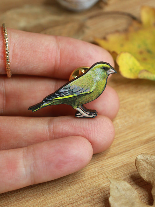 Greenfinch pin - wooden Greenfinch brooch