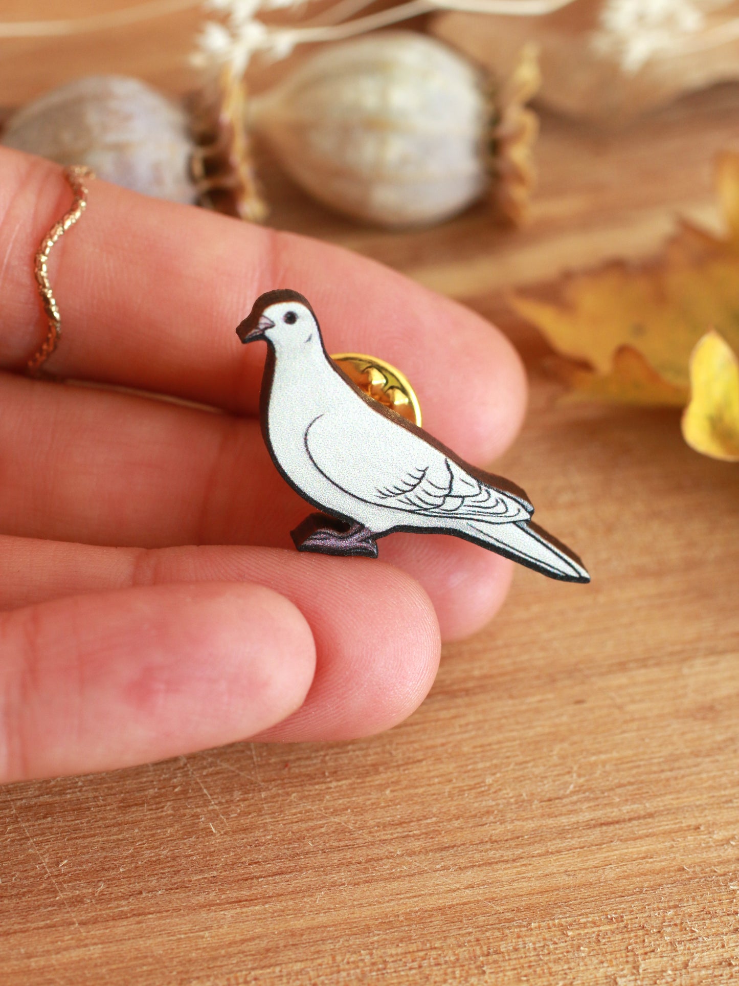 White dove pin - wooden bird brooch