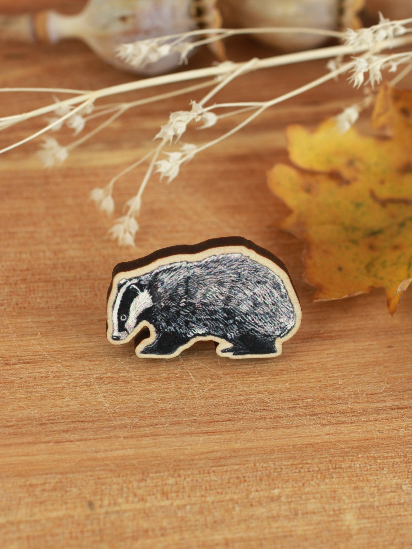 Wooden badger pin