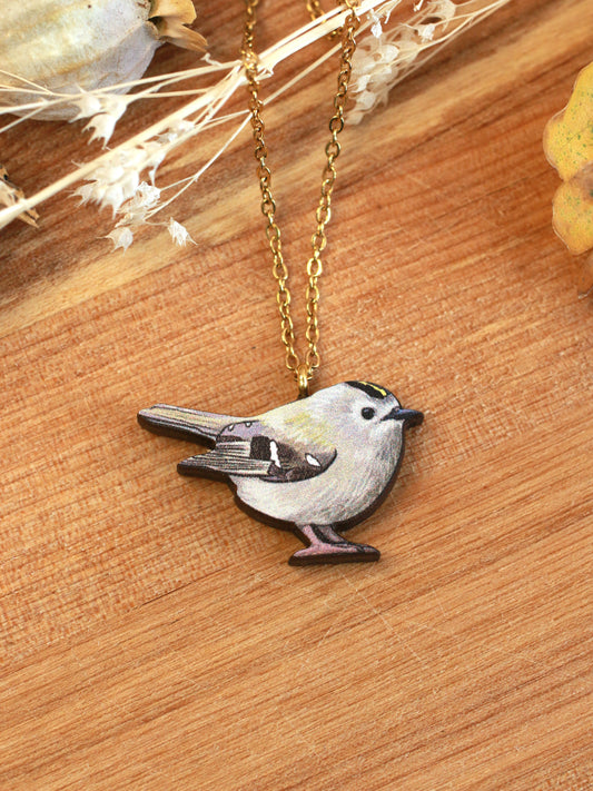 Goldcrest necklace - wooden bird pendant