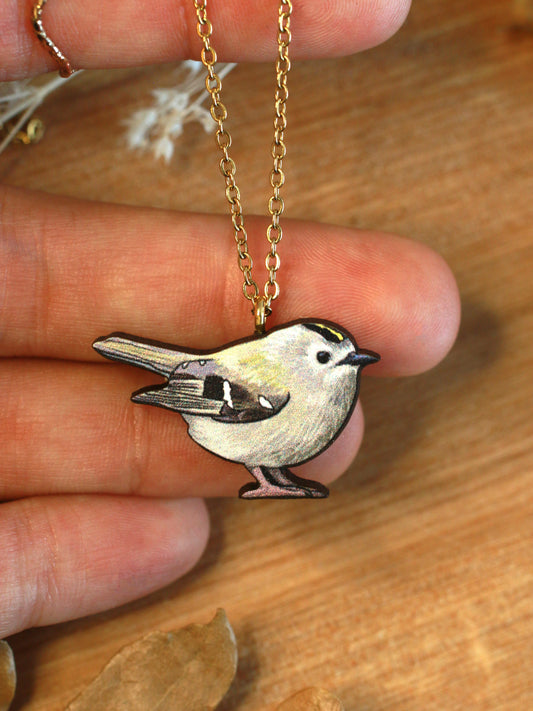 Goldcrest necklace - wooden bird pendant