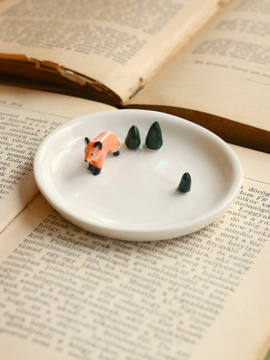 Fox with pine trees Ring Dish - Porcelain jewelry dish