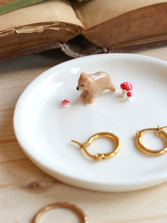 Bear with mushrooms jewelry dish - Porcelain ring dish