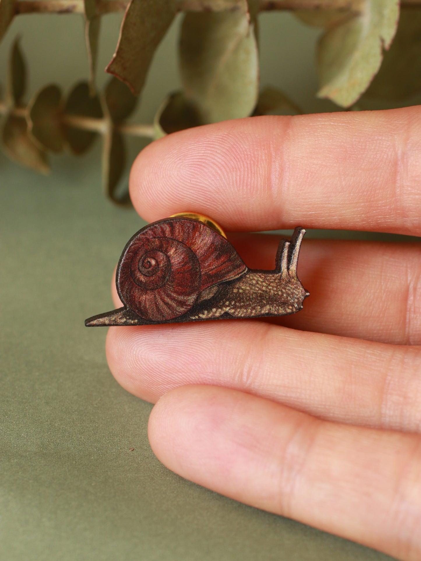 Snail pin - wooden snail brooch