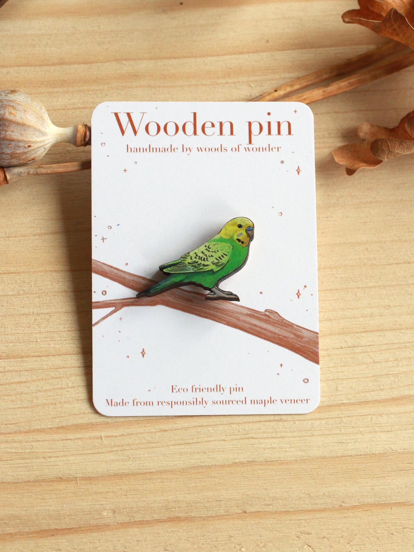 Green budgie pin - wooden Parrot brooch