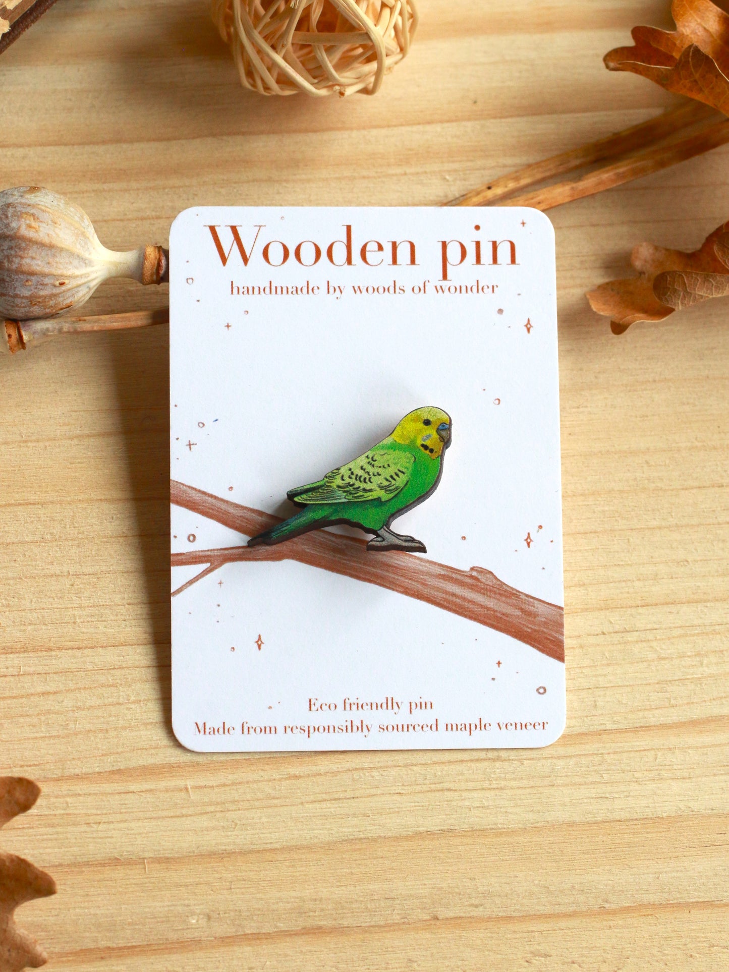 Green budgie pin - wooden Parrot brooch