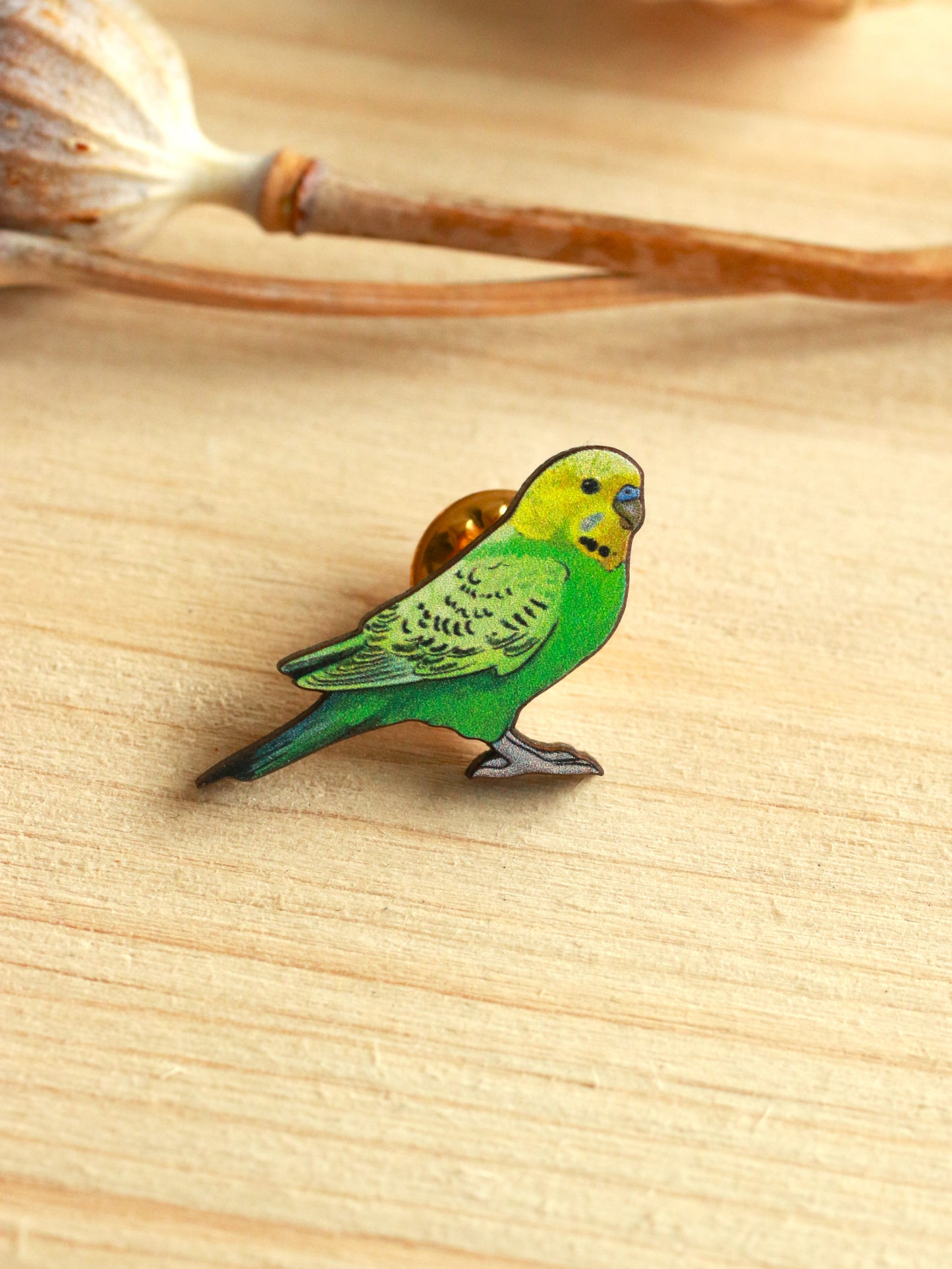 Green budgie pin - wooden Parrot brooch