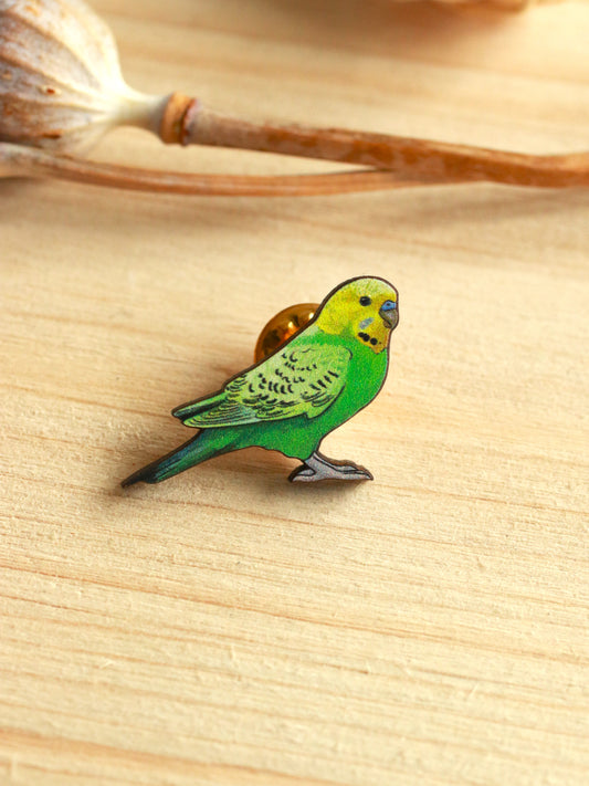 Green budgie pin - wooden Parrot brooch