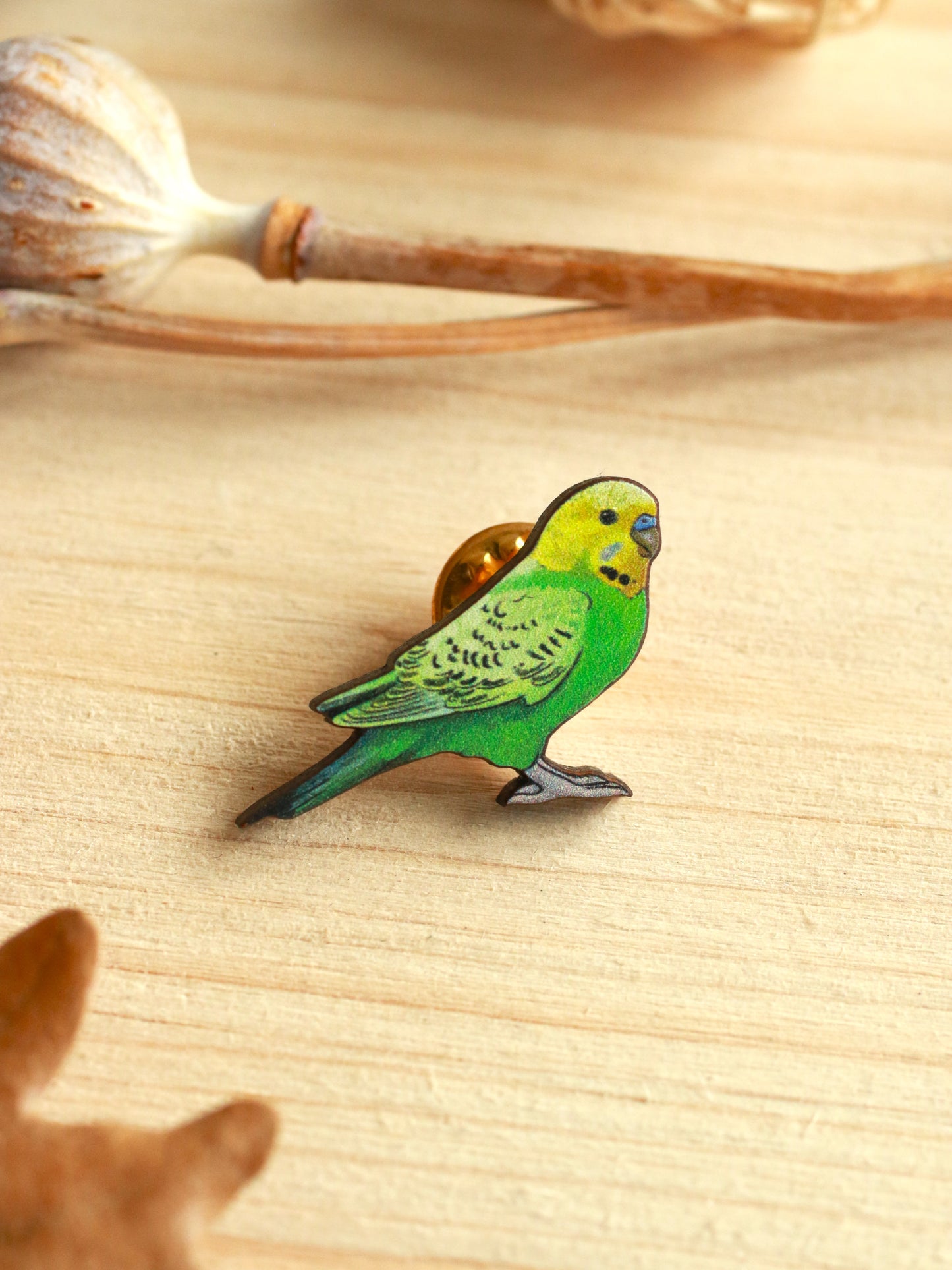 Green budgie pin - wooden Parrot brooch