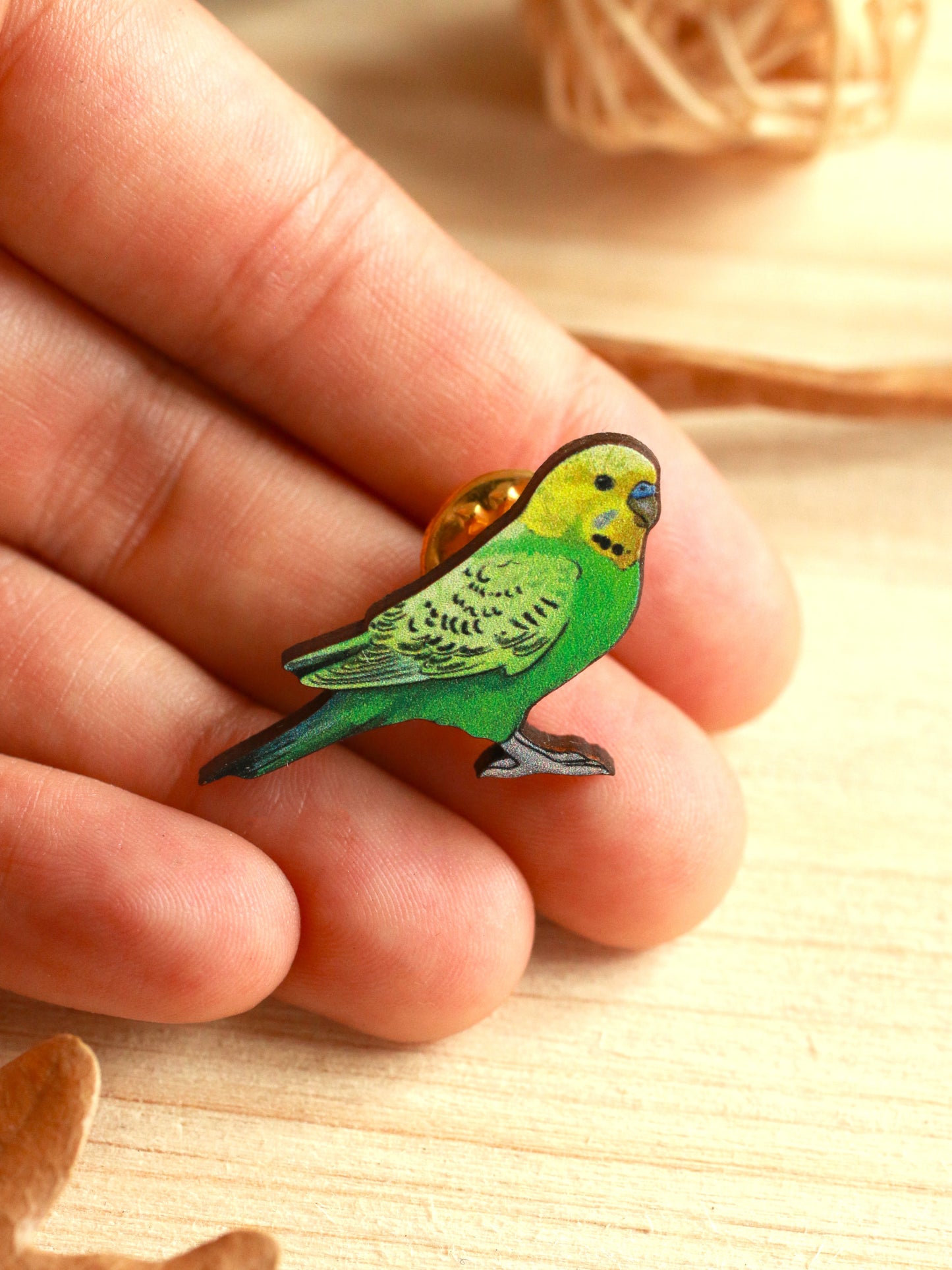 Green budgie pin - wooden Parrot brooch