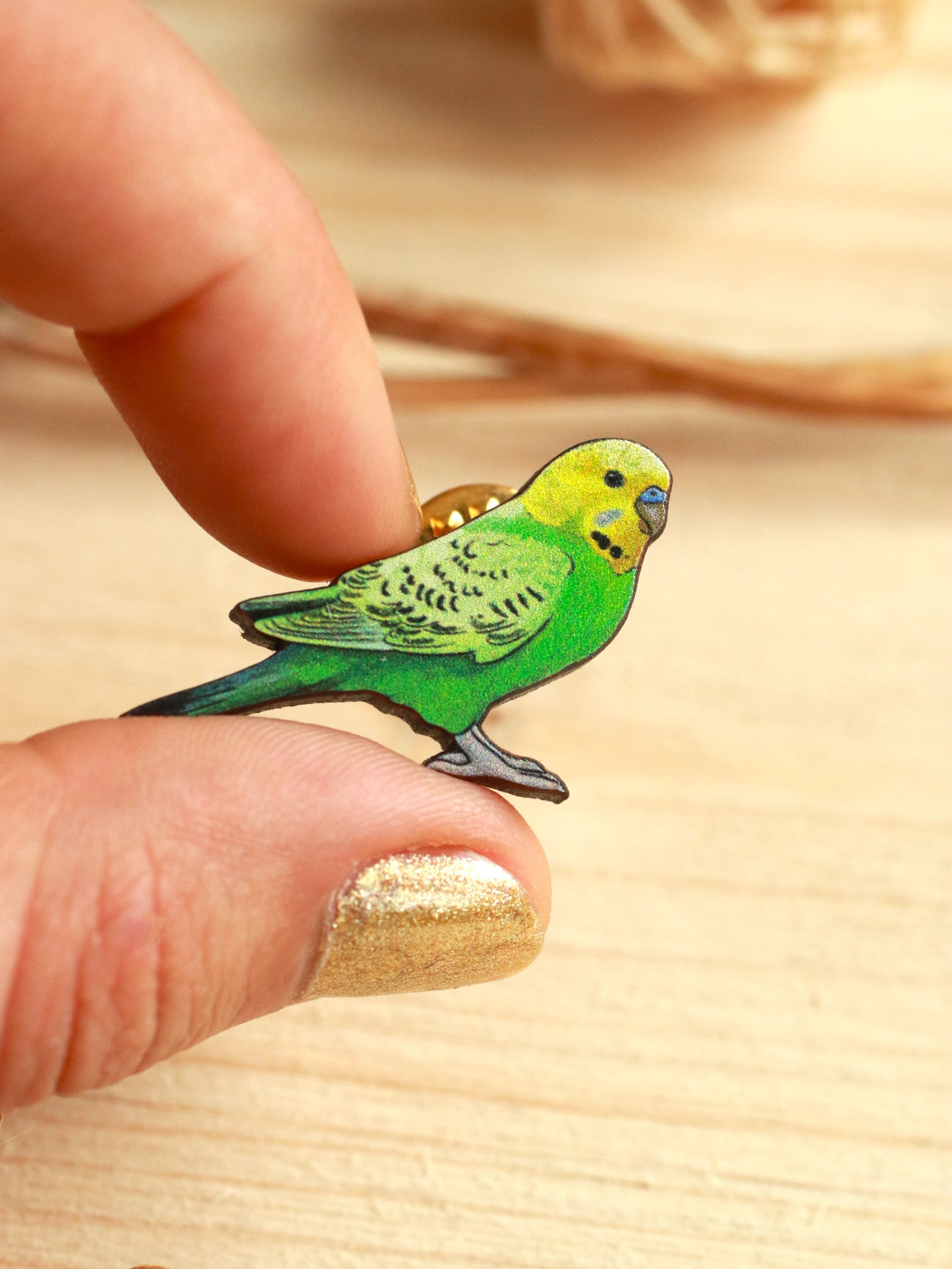 Green budgie pin - wooden Parrot brooch