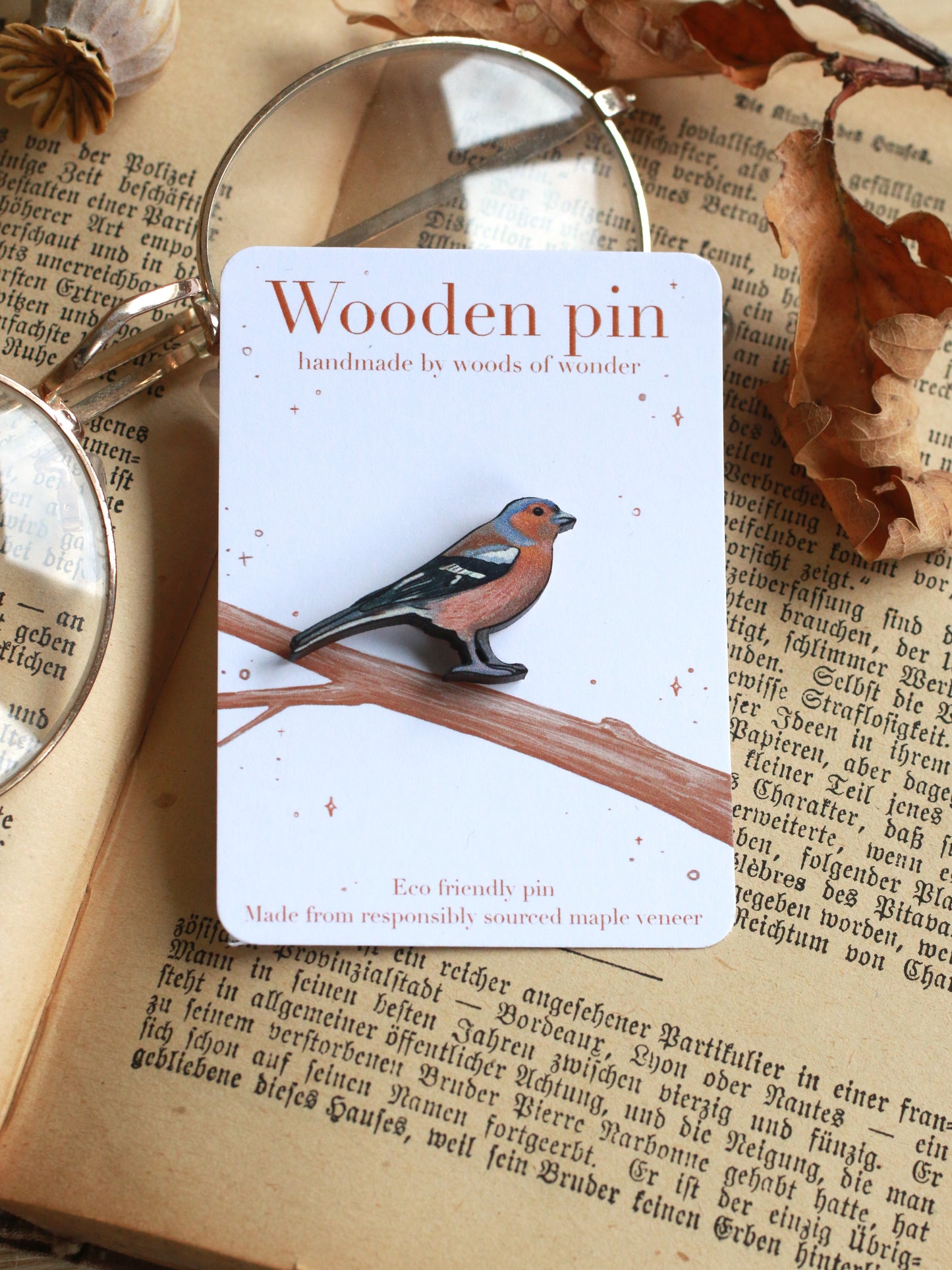 Chaffinch pin - wooden bird brooch