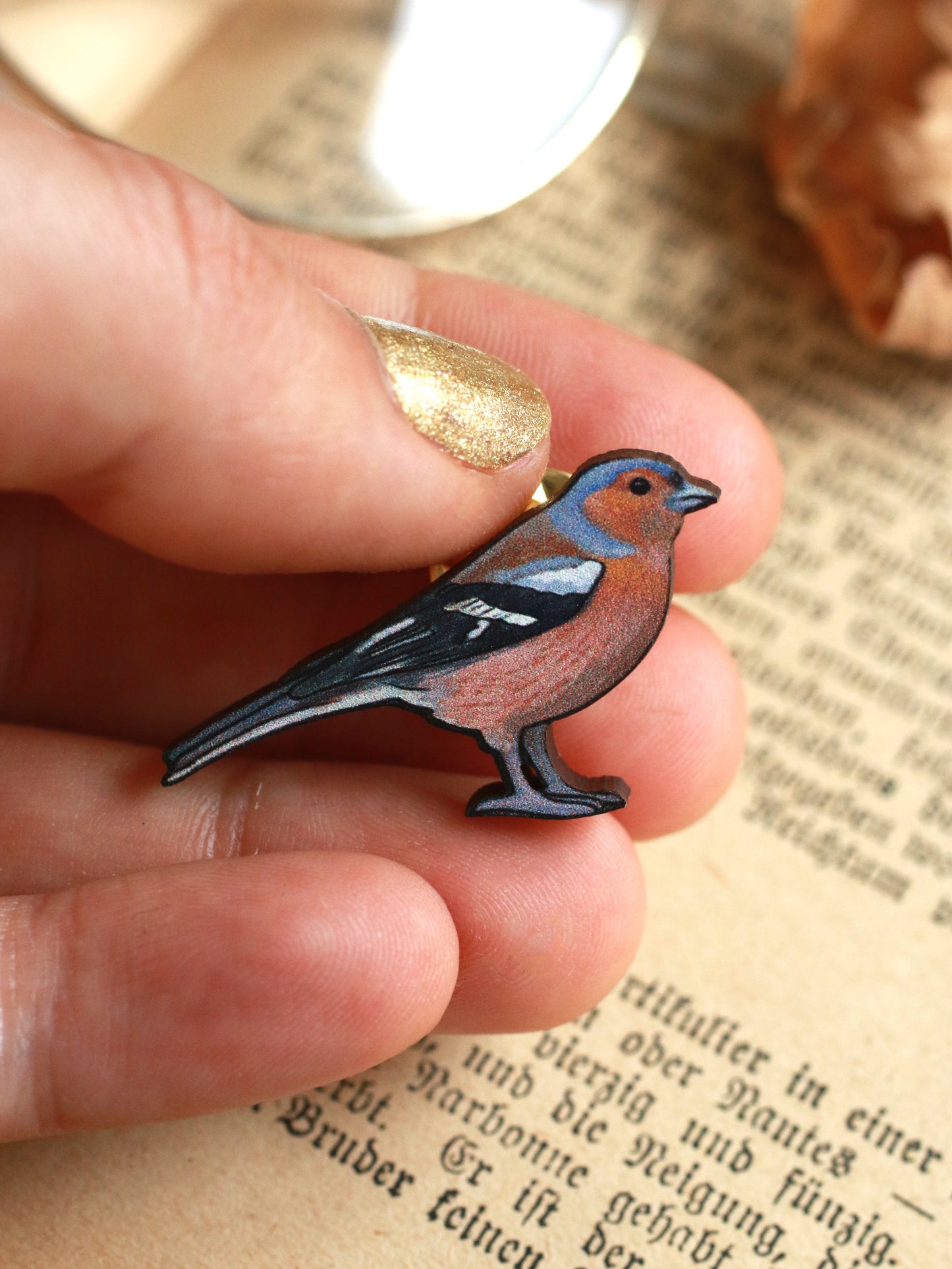 Chaffinch pin - wooden bird brooch