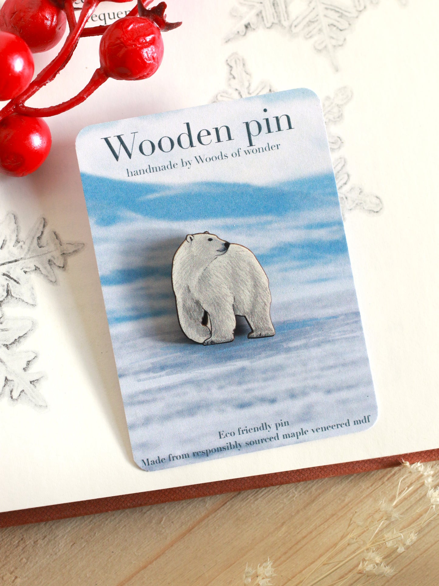 Polar bear pin - wooden polar bear brooch