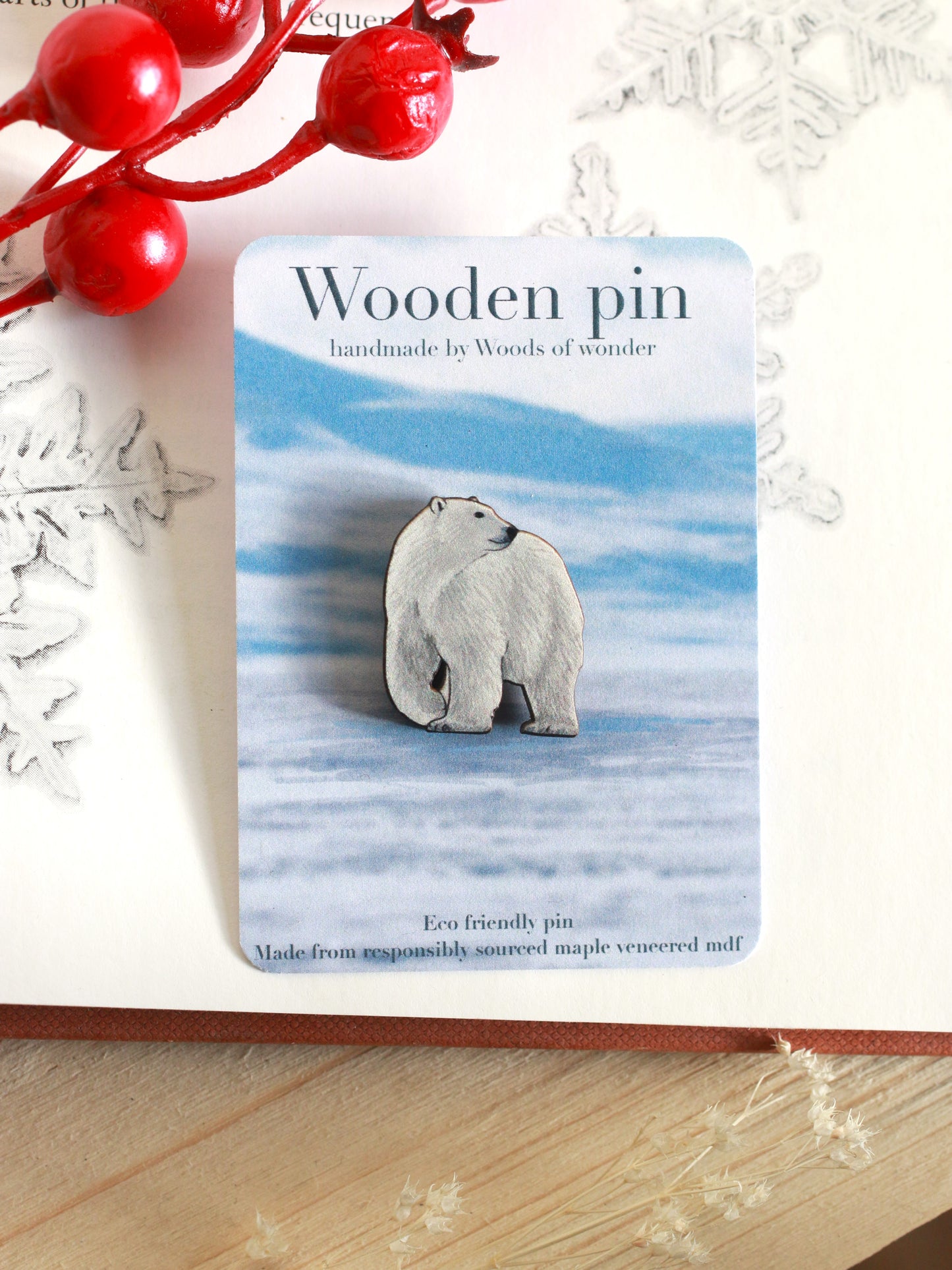 Polar bear pin - wooden polar bear brooch