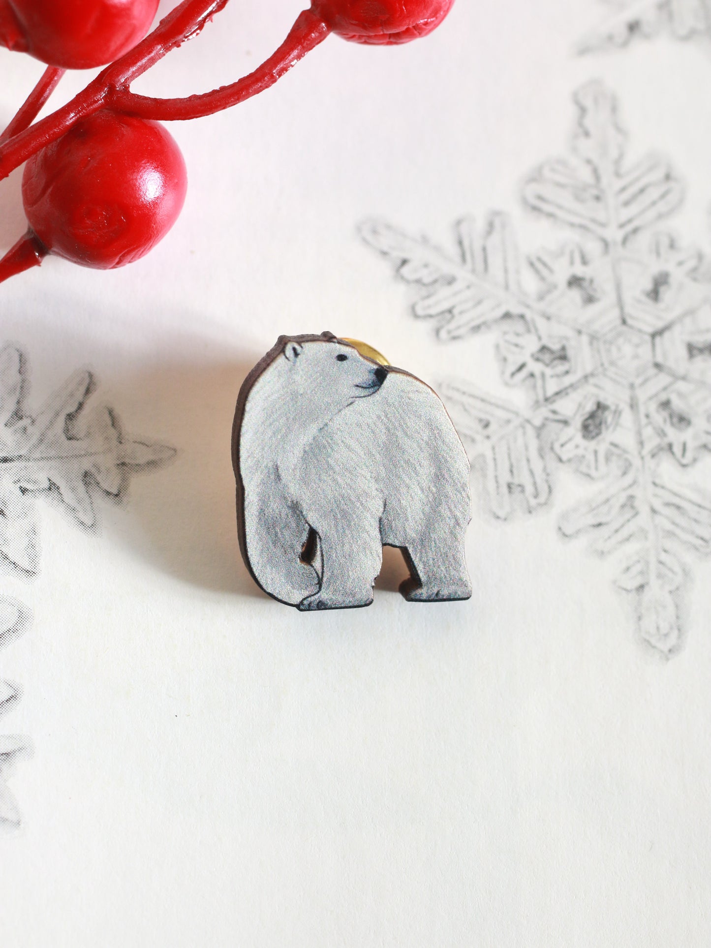 Polar bear pin - wooden polar bear brooch