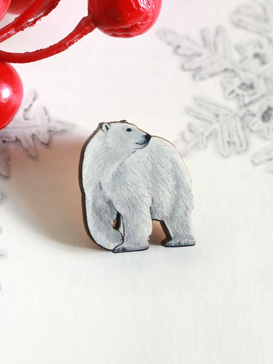 Polar bear pin - wooden polar bear brooch