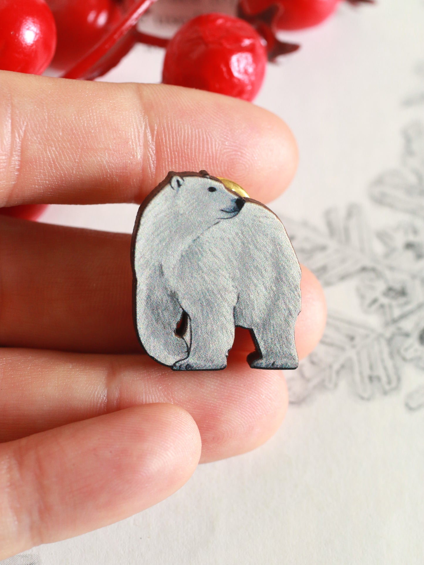 Polar bear pin - wooden polar bear brooch