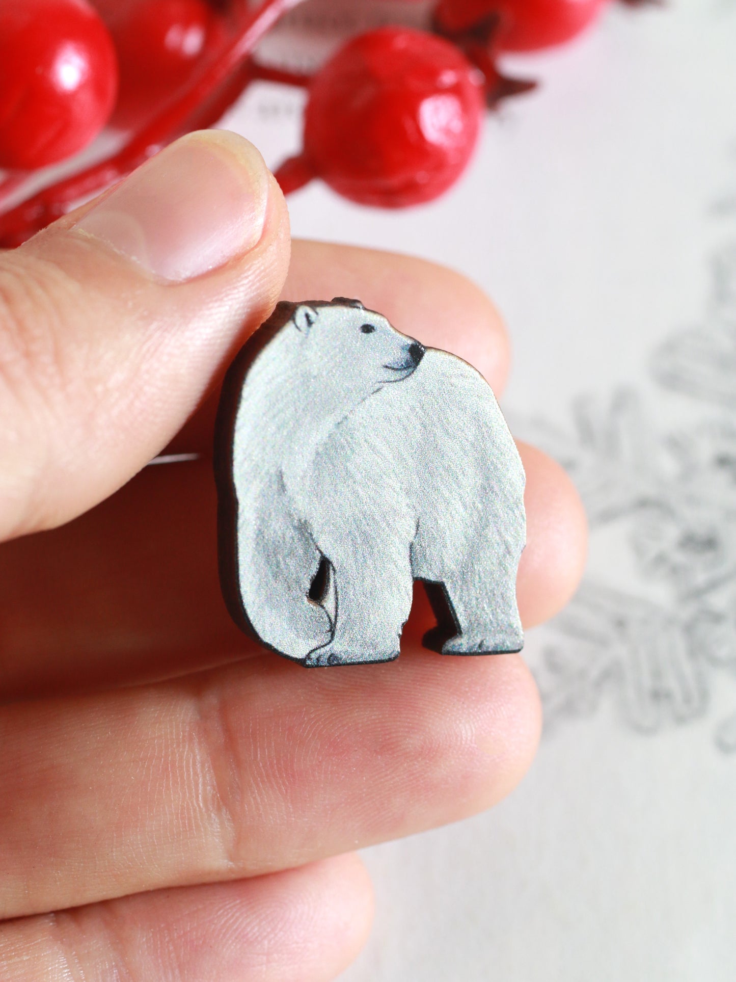 Polar bear pin - wooden polar bear brooch