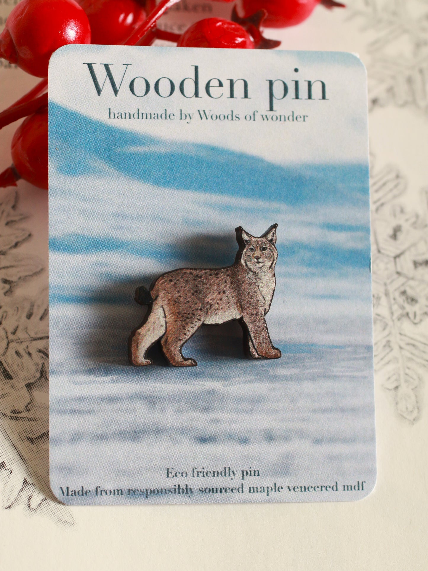 Lynx pin - wooden lynx brooch