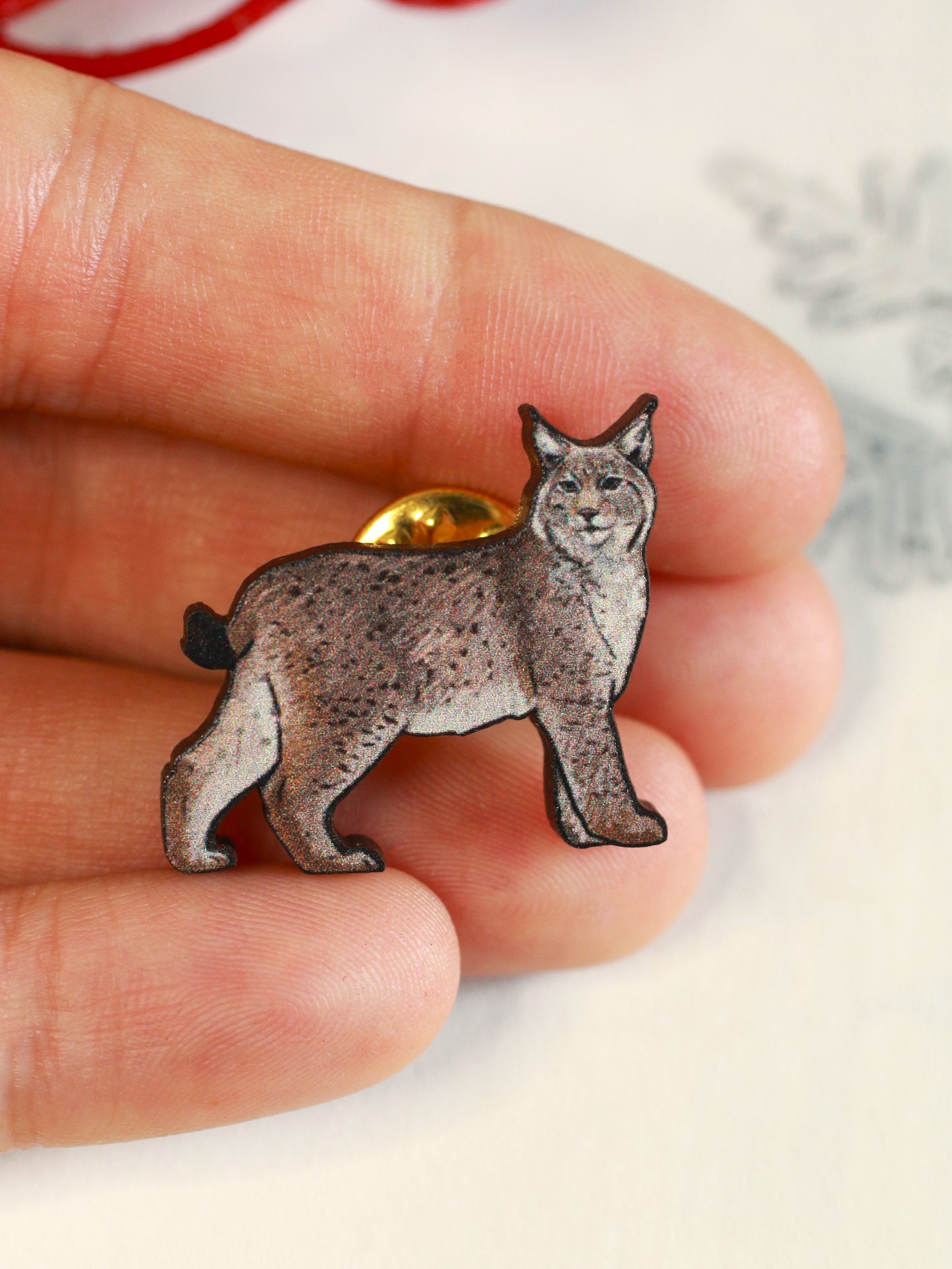 Lynx pin - wooden lynx brooch