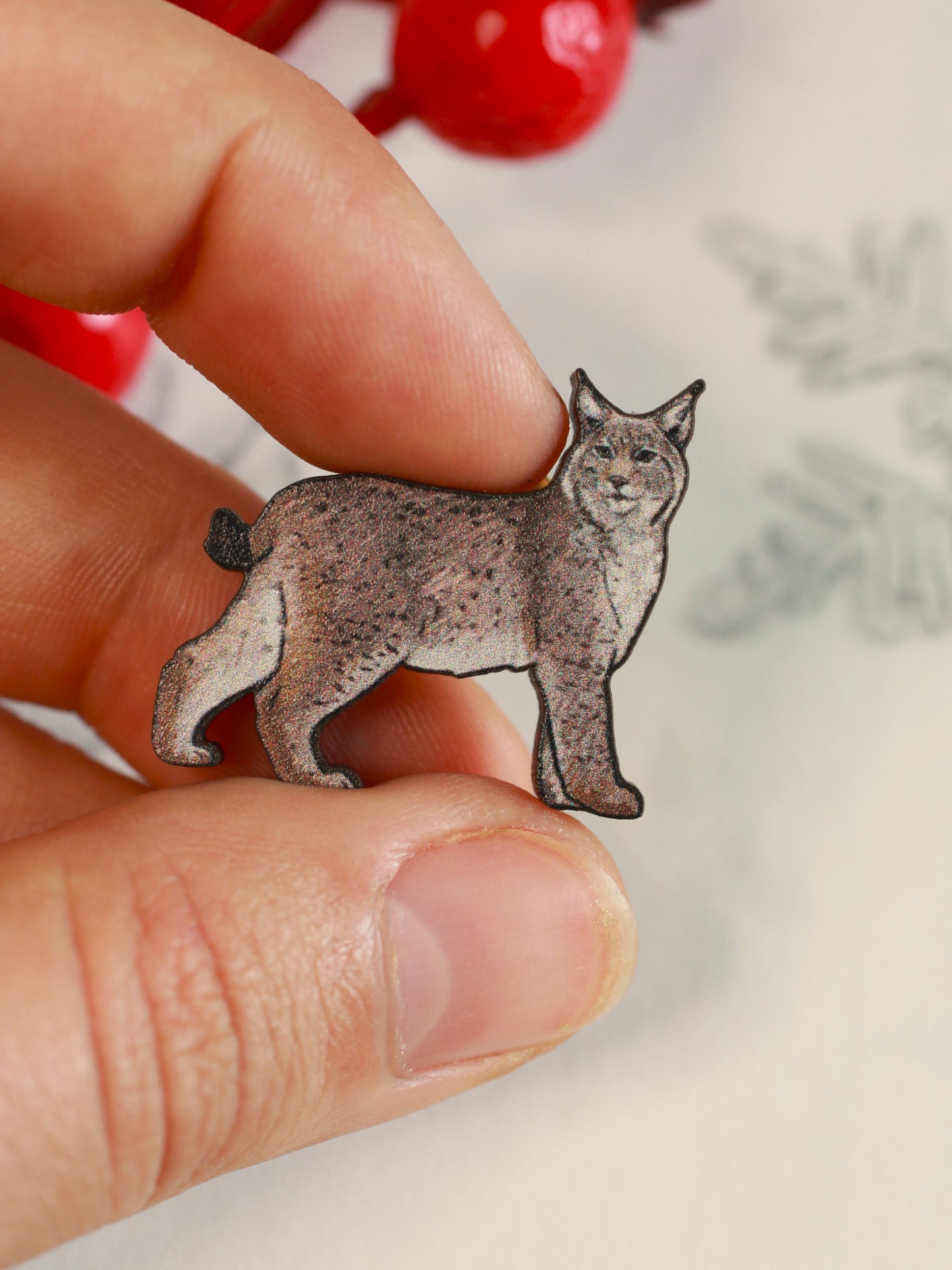 Lynx pin - wooden lynx brooch