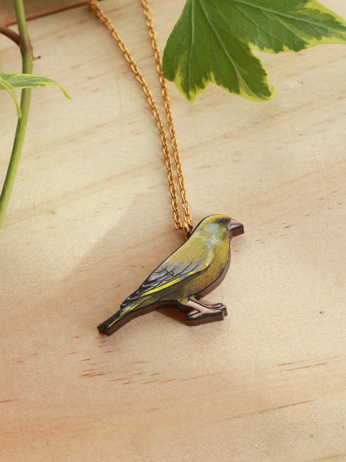 Greenfinch necklace - wooden Green finch pendant