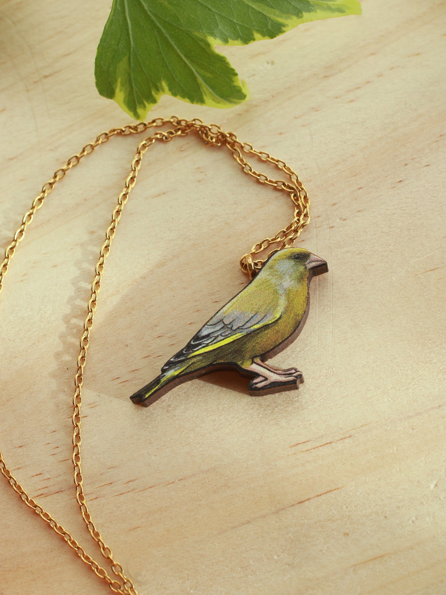 Greenfinch necklace - wooden Green finch pendant