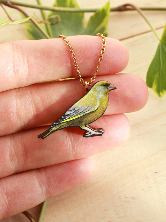 Greenfinch necklace - wooden Green finch pendant