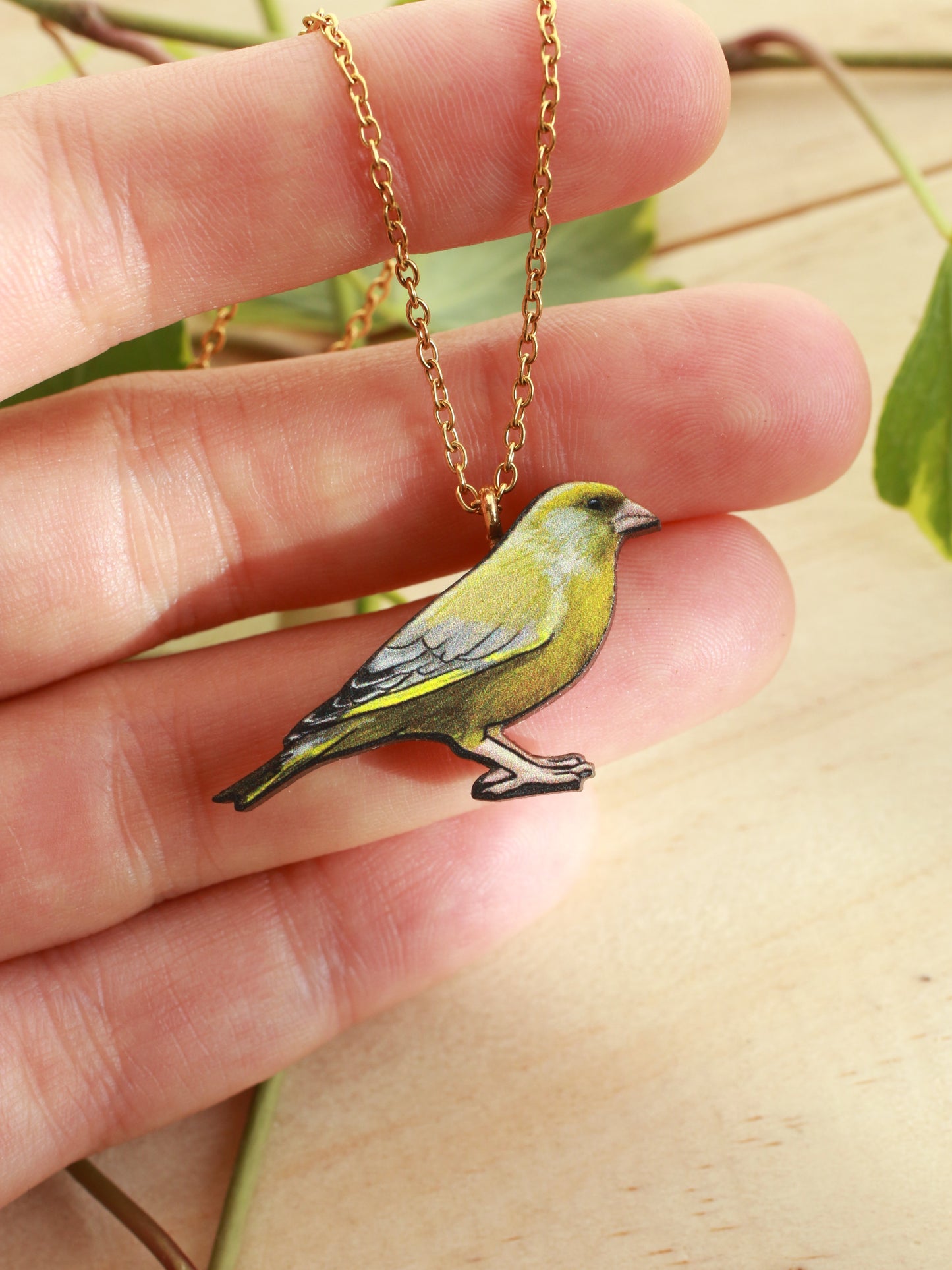 Greenfinch necklace - wooden Green finch pendant