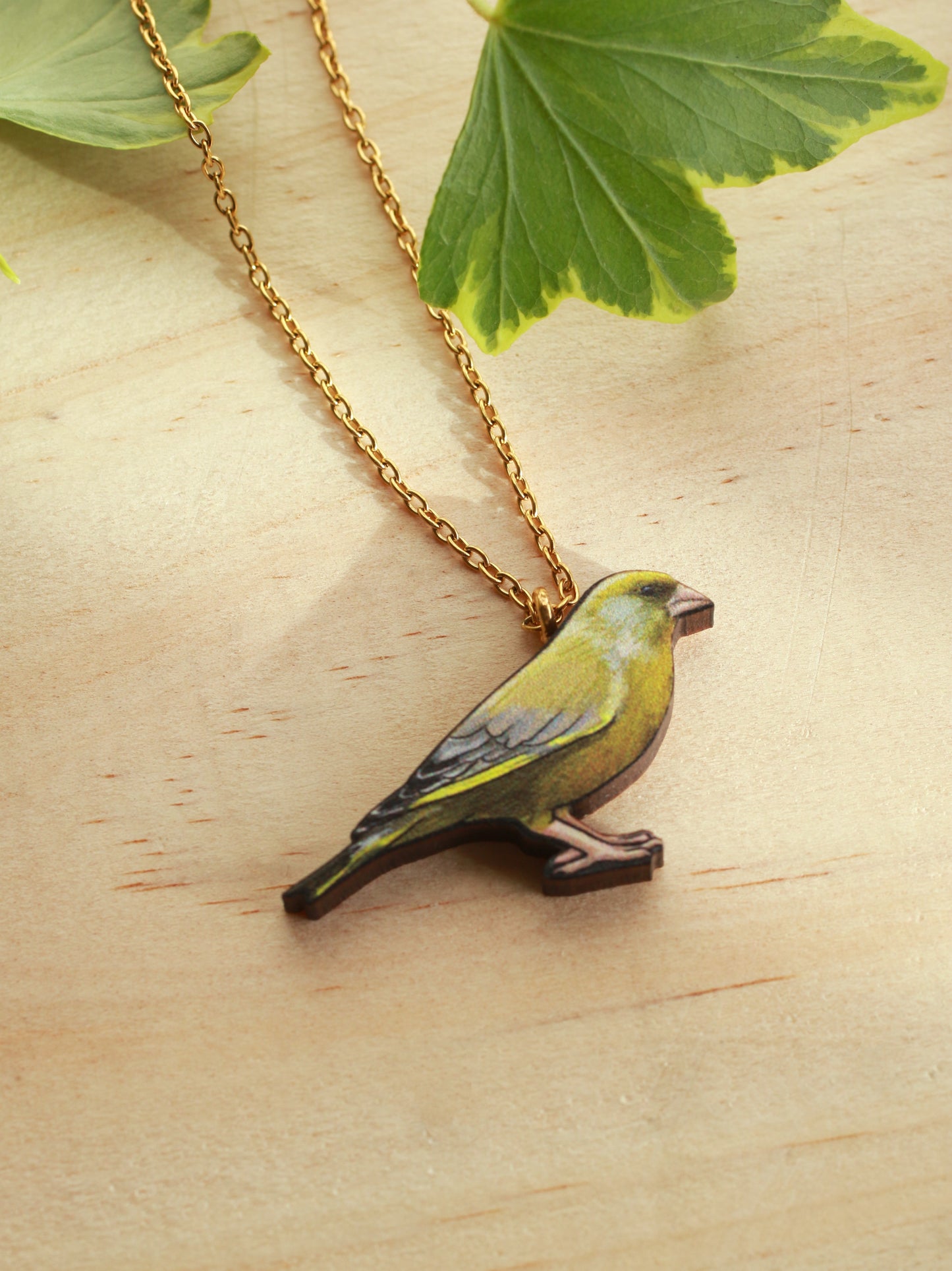 Greenfinch necklace - wooden Green finch pendant