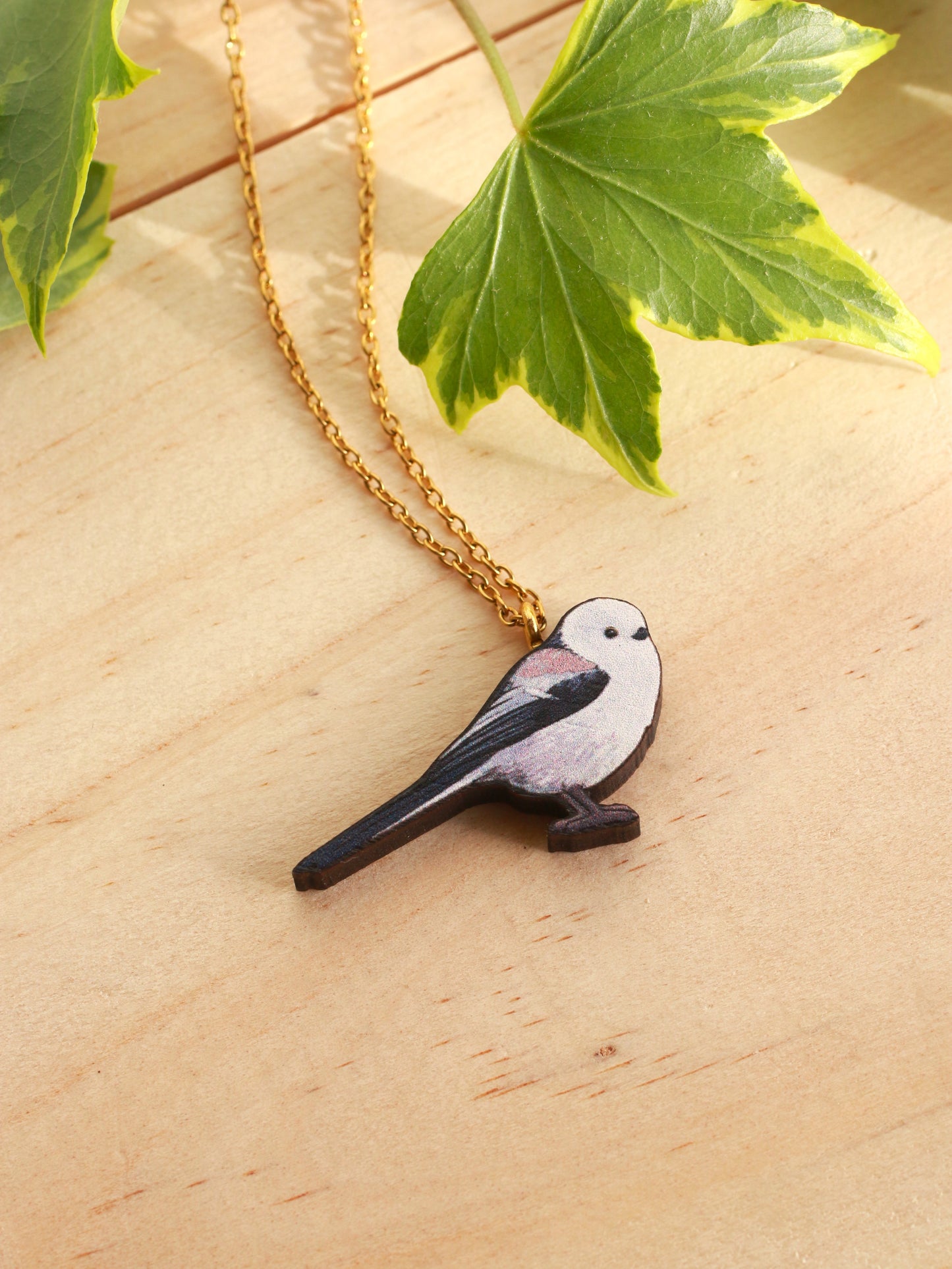 Long-tailed tit necklace - wooden bird pendant