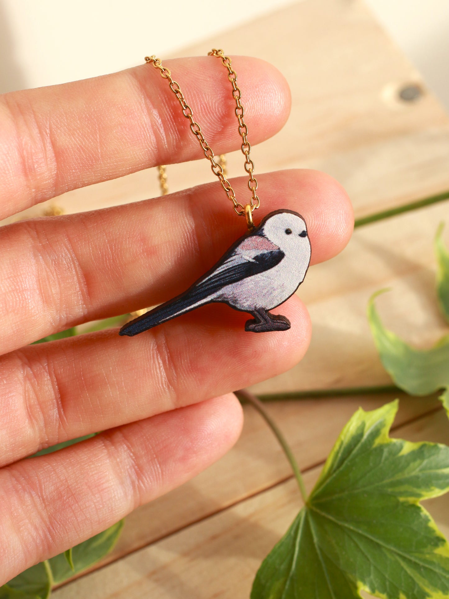 Long-tailed tit necklace - wooden bird pendant