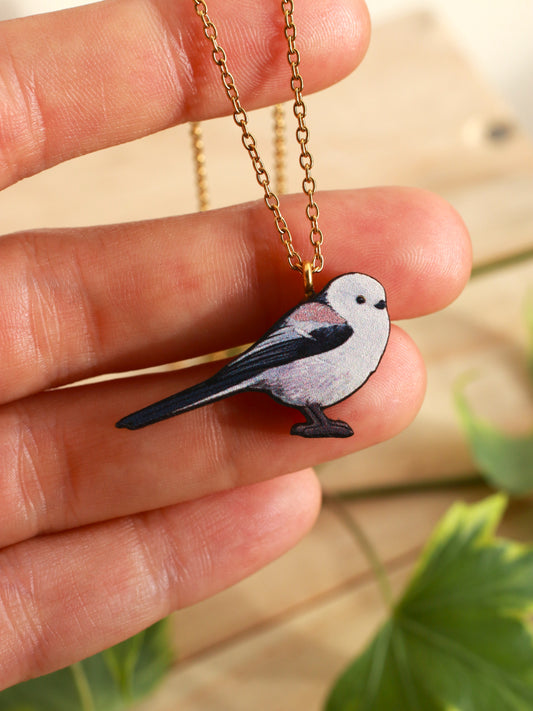 Long-tailed tit necklace - wooden bird pendant