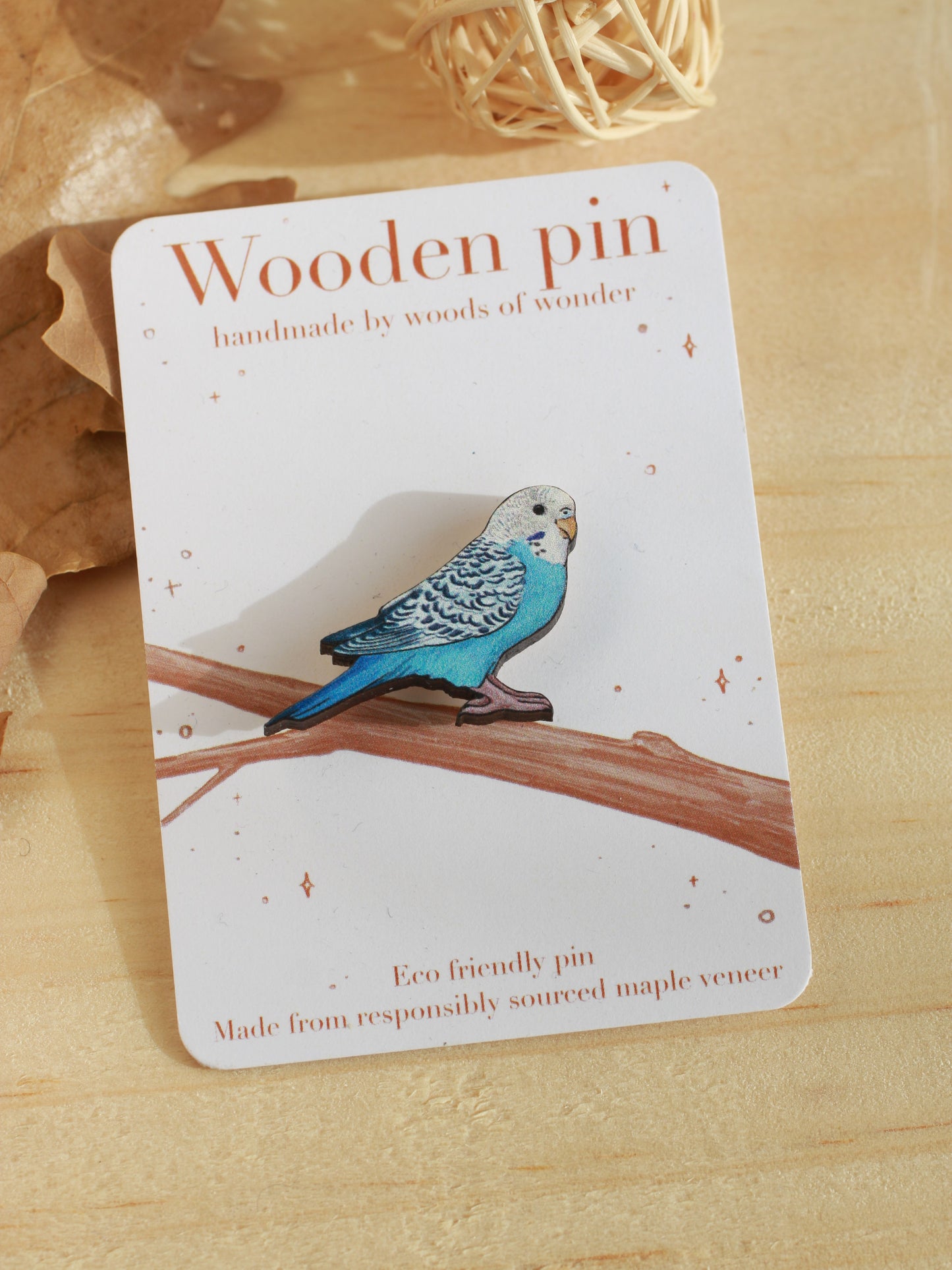 Blue budgie pin - wooden Parrot brooch