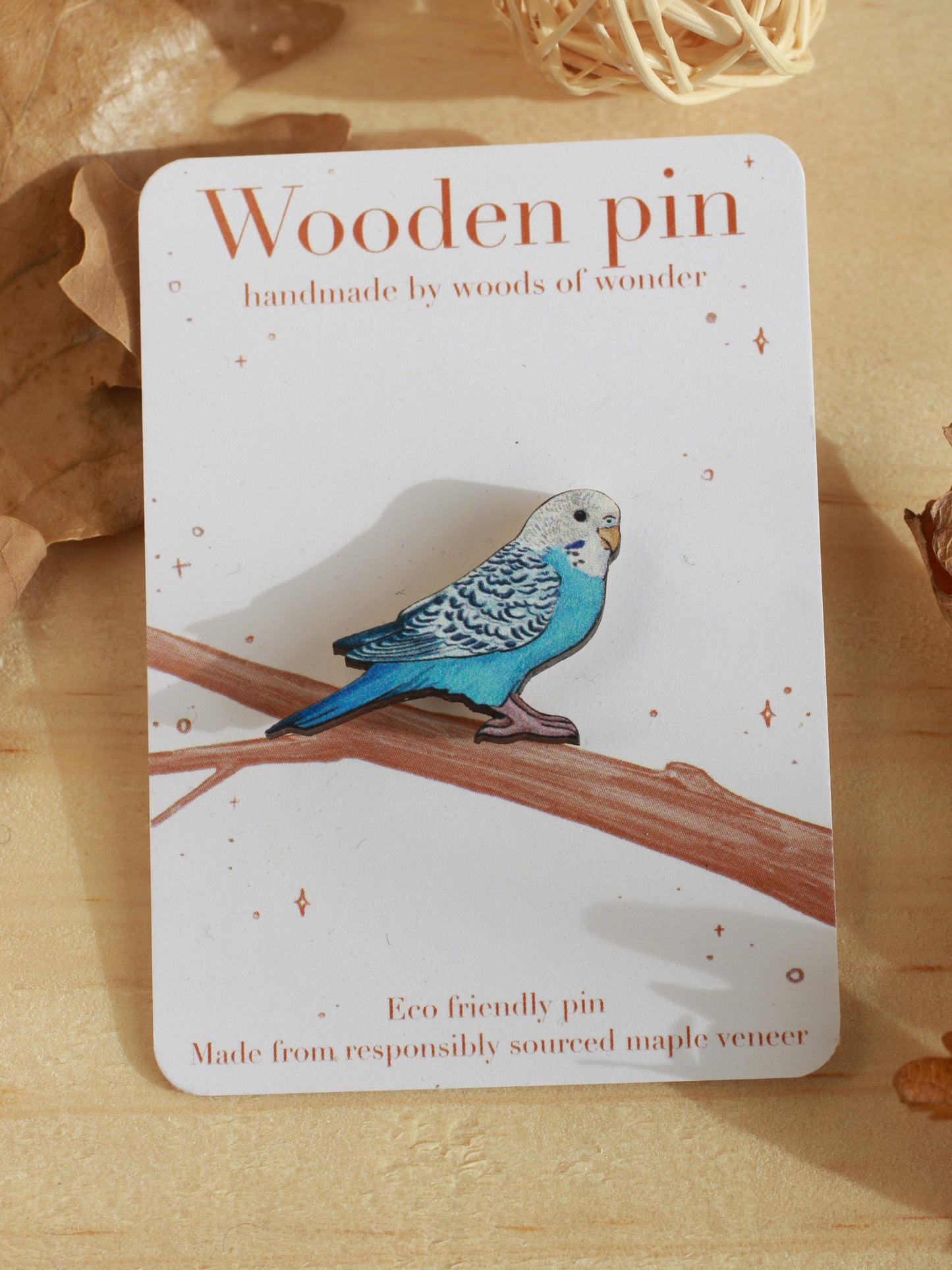 Blue budgie pin - wooden Parrot brooch