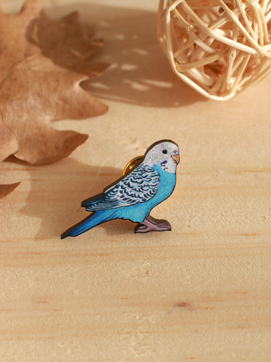 Blue budgie pin - wooden Parrot brooch