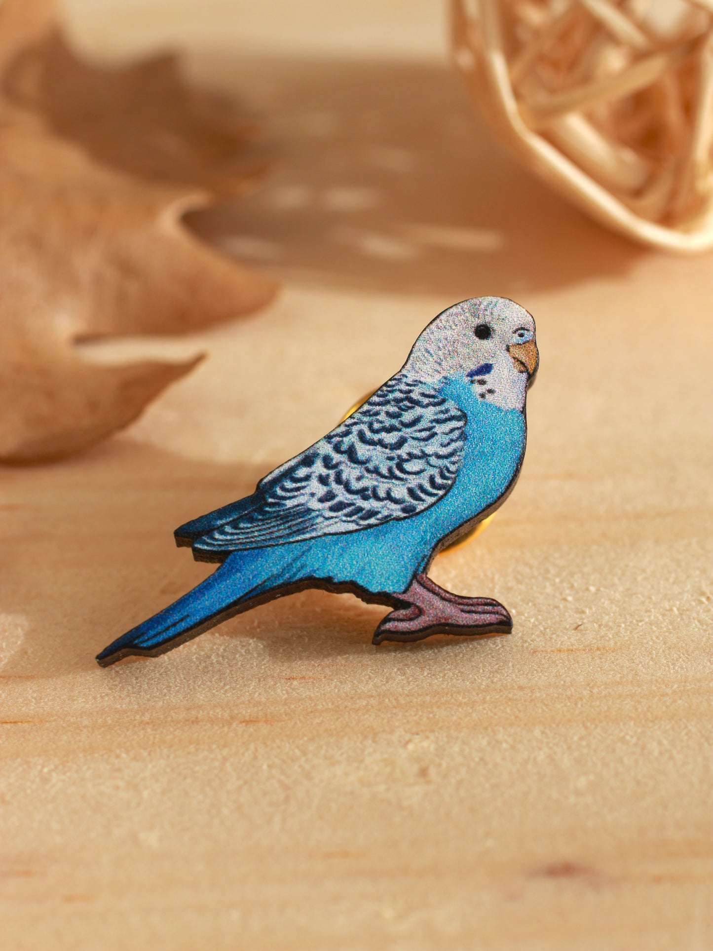 Blue budgie pin - wooden Parrot brooch