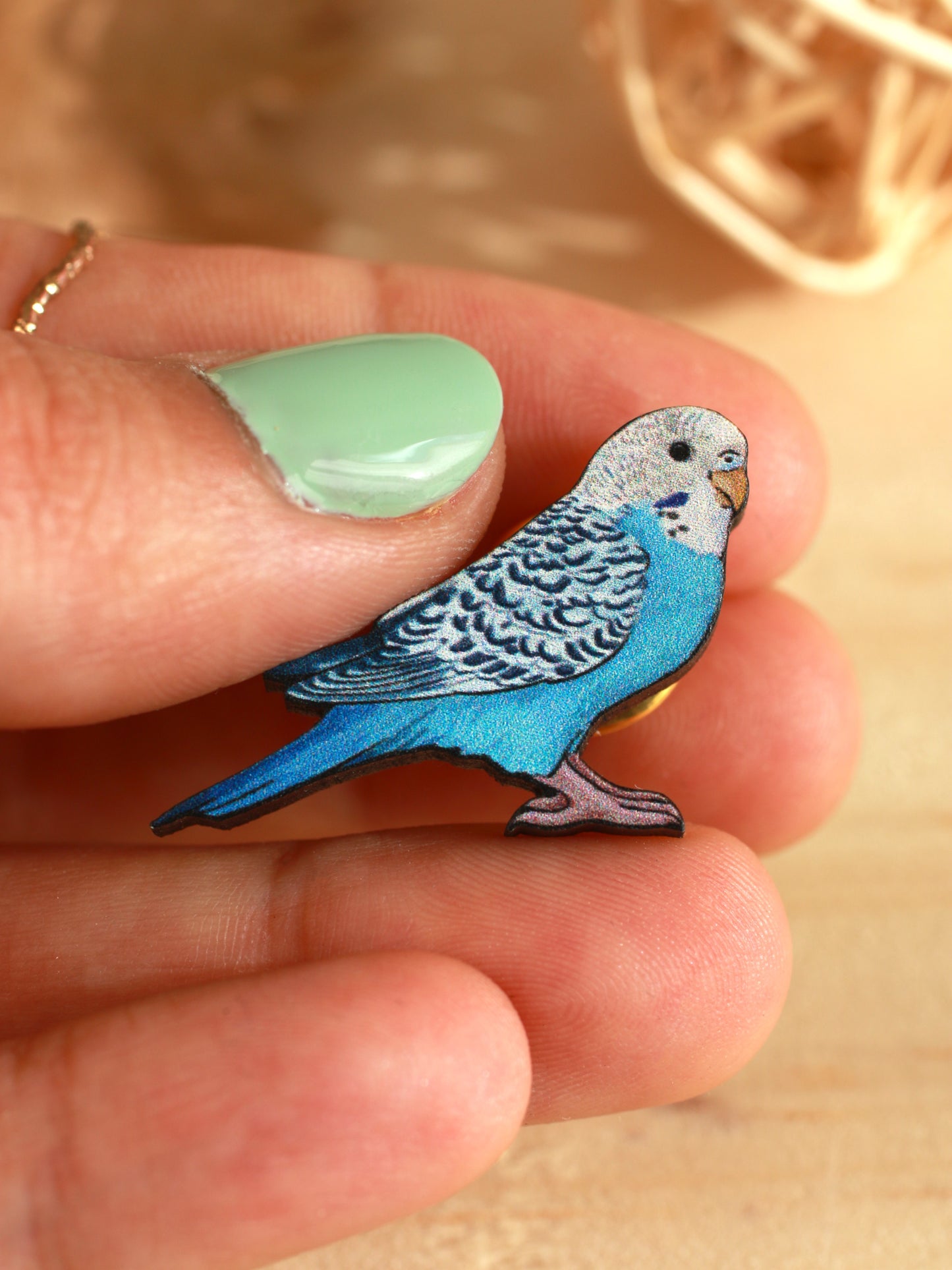 Blue budgie pin - wooden Parrot brooch