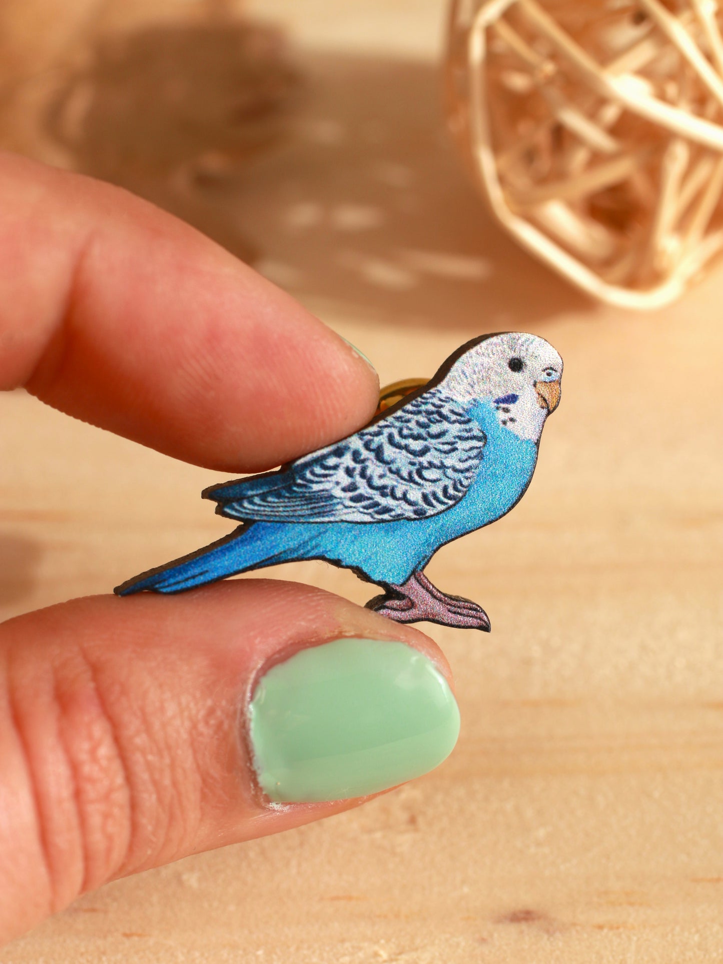 Blue budgie pin - wooden Parrot brooch