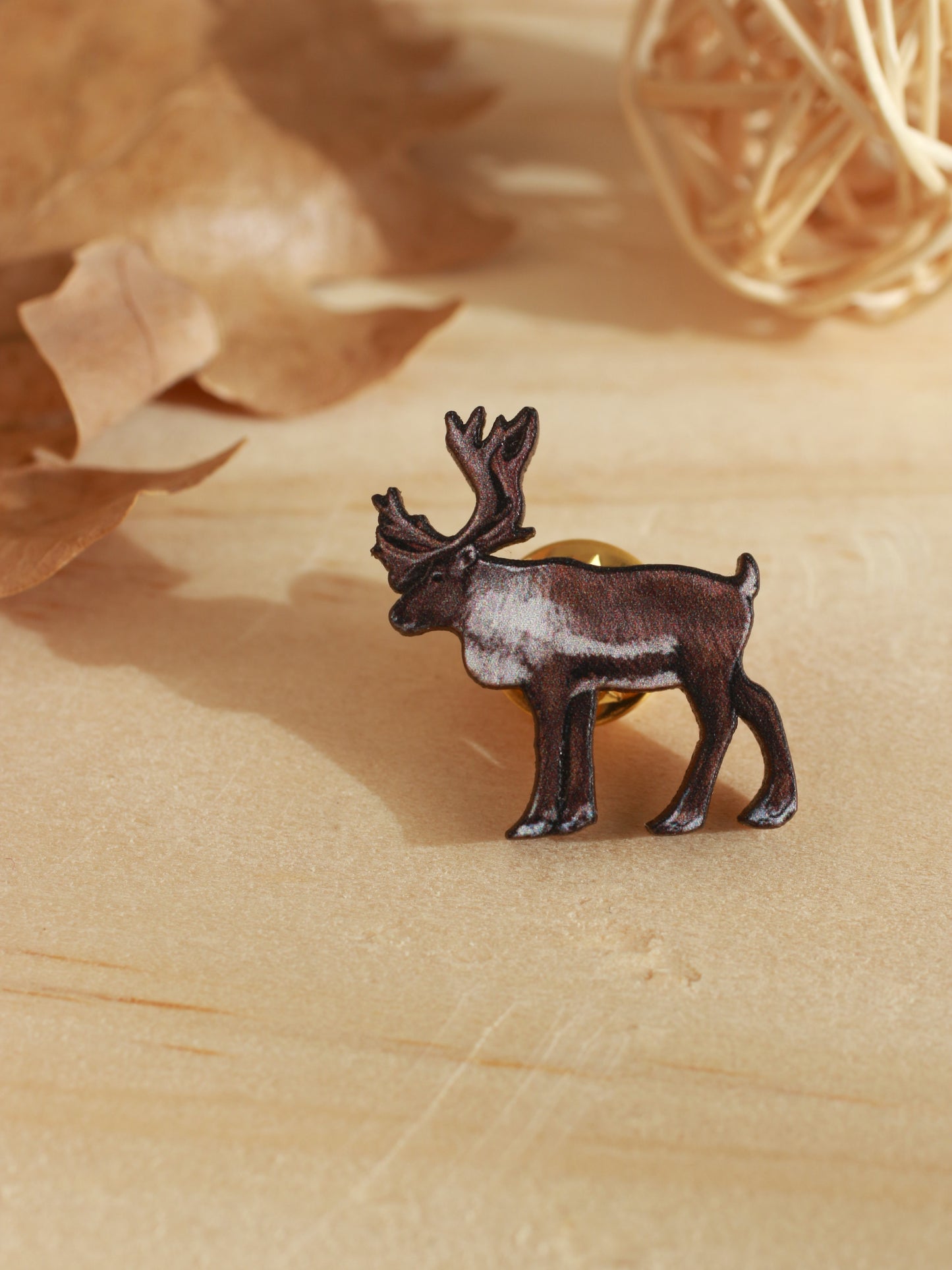 Reindeer pin - wooden reindeer brooch